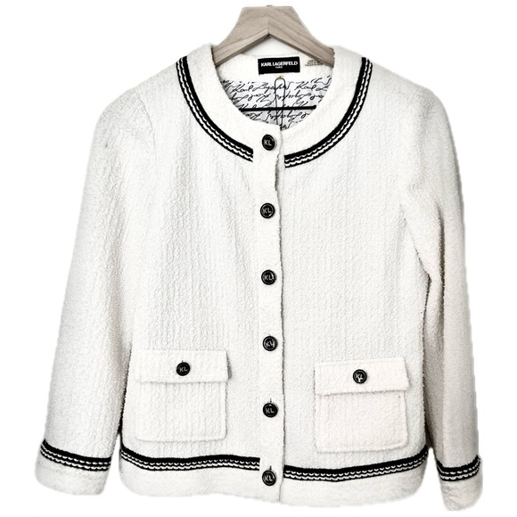 Karl Lagerfeld White Bouclé Jacket Contrast Trim & Logo Buttons, Chanel Style - Picture 3 of 11